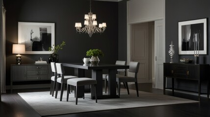 a modern and luxurious dining room with a dark and dramatic color palette. The walls are painted a deep gray, creating a sophisticated and intimate atmosphere.