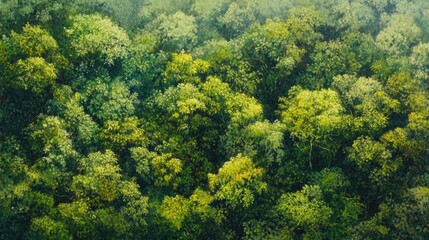 Aerial view oil painting of a lush forest showcasing a vibrant rainforest ecosystem and healthy environment highlighting the texture of green treetops from above