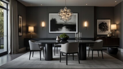 a modern and luxurious dining room with a dark and dramatic color palette. The walls are painted a deep gray, creating a sophisticated and intimate atmosphere.