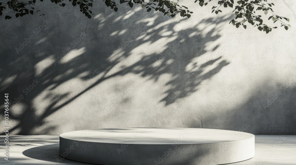 Poster display pedestal design platform blank product vacant space with tree shadow on the wall 3d renderin