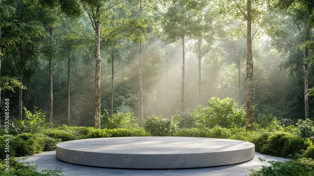 Poster concrete podium in a lush forest setting for product display and green backdrop 3d rendering