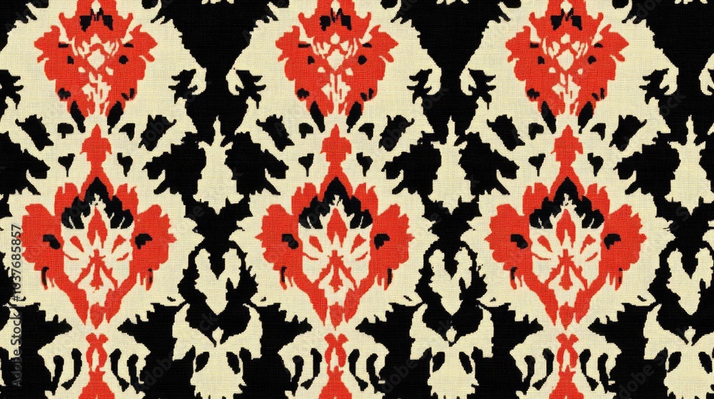 Poster ikat ogee and damascus ornament seamless background pattern in tapestry style abstract design for te