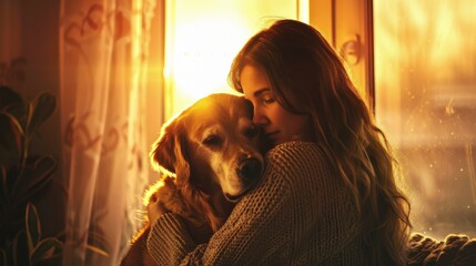 Cozy Home Atmosphere: Evokes a sense of comfort and tranquility, perfect for promoting home decor or lifestyle themes. Girl hugging dog