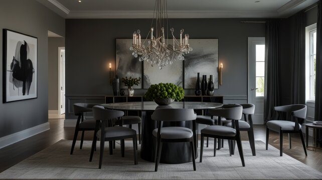 a modern and luxurious dining room with a dark and dramatic color palette. The walls are painted a deep gray, creating a sophisticated and intimate atmosphere.