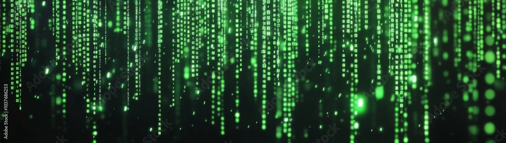 Poster futuristic visual of green matrix code streaming vertically.