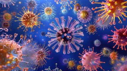 close up of colorful coronavirus on blue background, disease or health themed background concept, 3d render