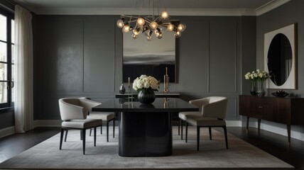 a modern and luxurious dining room with a dark and dramatic color palette. The walls are painted a deep gray, creating a sophisticated and intimate atmosphere.