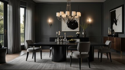 a modern and luxurious dining room with a dark and dramatic color palette. The walls are painted a deep gray, creating a sophisticated and intimate atmosphere.