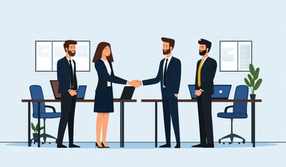 Fototapeta premium A successful meeting between a woman and three men in an office.