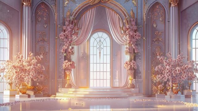 Sunlit Grand Hall with Pink Blooms and Gilded Details