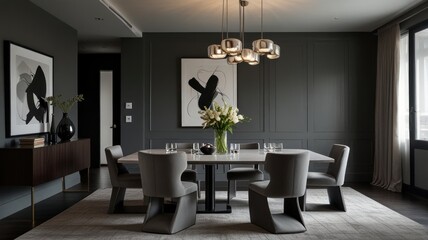 a modern and luxurious dining room with a dark and dramatic color palette. The walls are painted a deep gray, creating a sophisticated and intimate atmosphere.