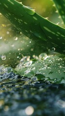 Close-up of aloe vera leaf with water droplets. Clear water and nature. Wellness, spa concept
