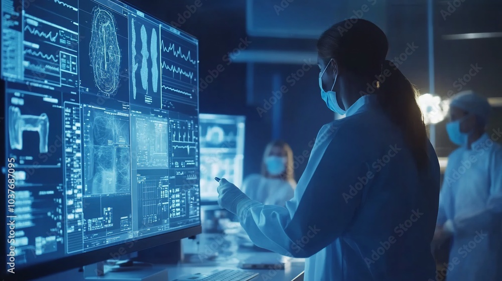 Poster A team of scientists in a laboratory are working on a project involving data analysis. They are using a large monitor to display complex information.