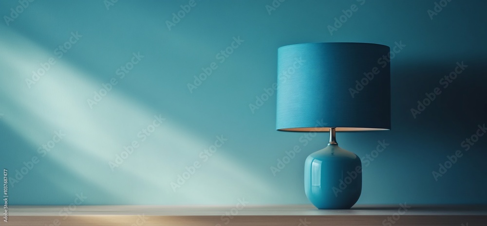 Poster a turquoise lamp on a wooden table in front of a teal wall with a ray of light.