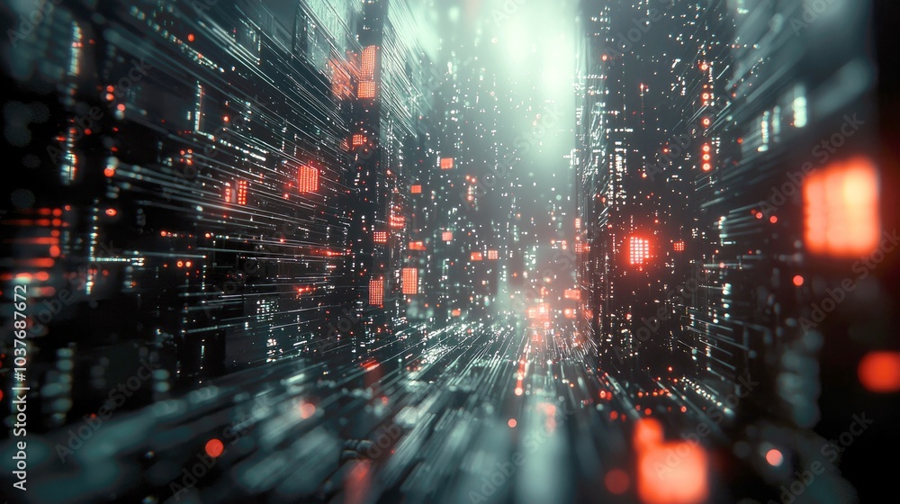 Poster abstract digital tunnel with glowing red squares and lines.