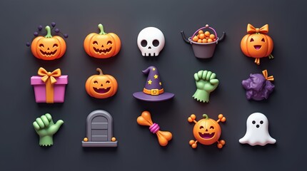 Fototapeta premium 3D illustration of a collection of cute, colorful Halloween icons, each neatly arranged in a grid on a dark background. The icons include a pumpkin with a witch hat, a white skull, a jack-o'-lantern, 