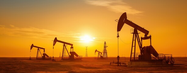 Silhouette of oil pump jacks at sunset in an oil field, depicting energy production and extraction