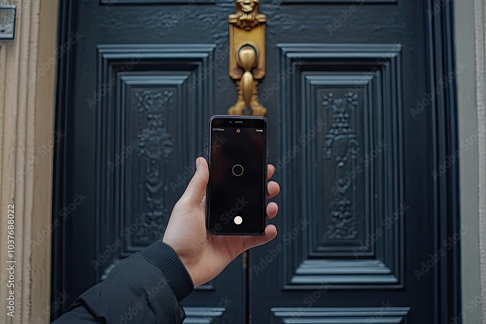 Poster a hand holds a phone in front of a door. this image is great for illustrating the use of mobile tech