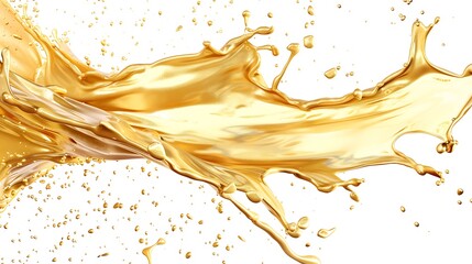 An artistic representation of gold paint splashing dynamically with glimmering droplets against a bright white backdrop emphasizing the fluidity and creativity of contemporary design