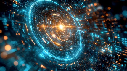Obraz premium Abstract futuristic circular background with glowing blue and orange light.