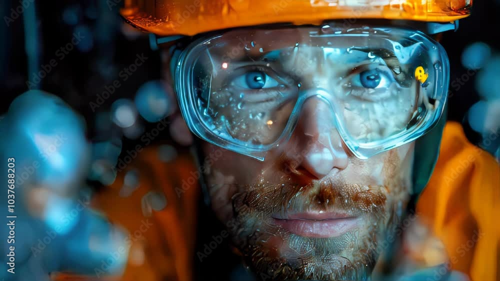 Poster a working man in a protective construction helmet. an engineer at a construction site controls the p