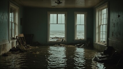 Flooded abandoned buildings with extensive debris and structural damage in a coastal area