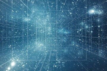 Obraz premium Abstract Grid with White Dots and Glowing Lights in a Blue Background