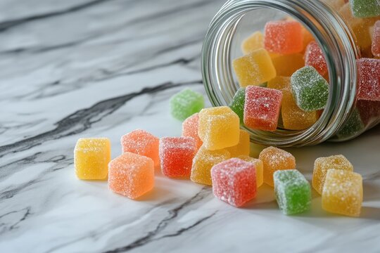 Colorful square gummies spilled from jar. Perfect for promoting candy, desserts, or a sweet treat.