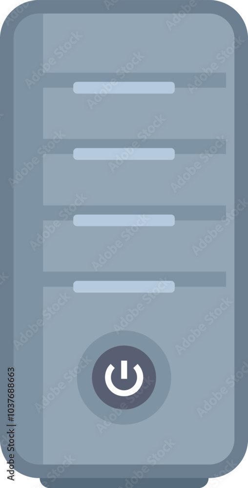 Poster grey computer case standing on white background, simple flat vector illustration of a desktop comput