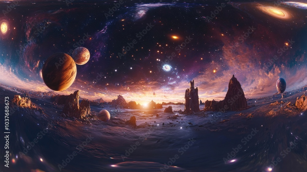 Poster 360 degree stellar system and glowing nebula in 3d cartoon rendering equirectangular projection sphe