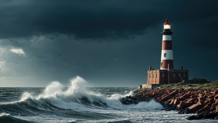 Obraz premium Stormy ocean waves crashing against a lighthouse with scattered debris and storm clouds in the background 