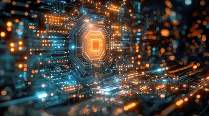 Fototapeta premium Abstract glowing circuit board with a central processing unit.