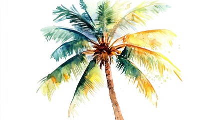 Isolated watercolor illustration of a coconut tree hand drawn for use in fashion graphic design wallpaper print and beach themed projects