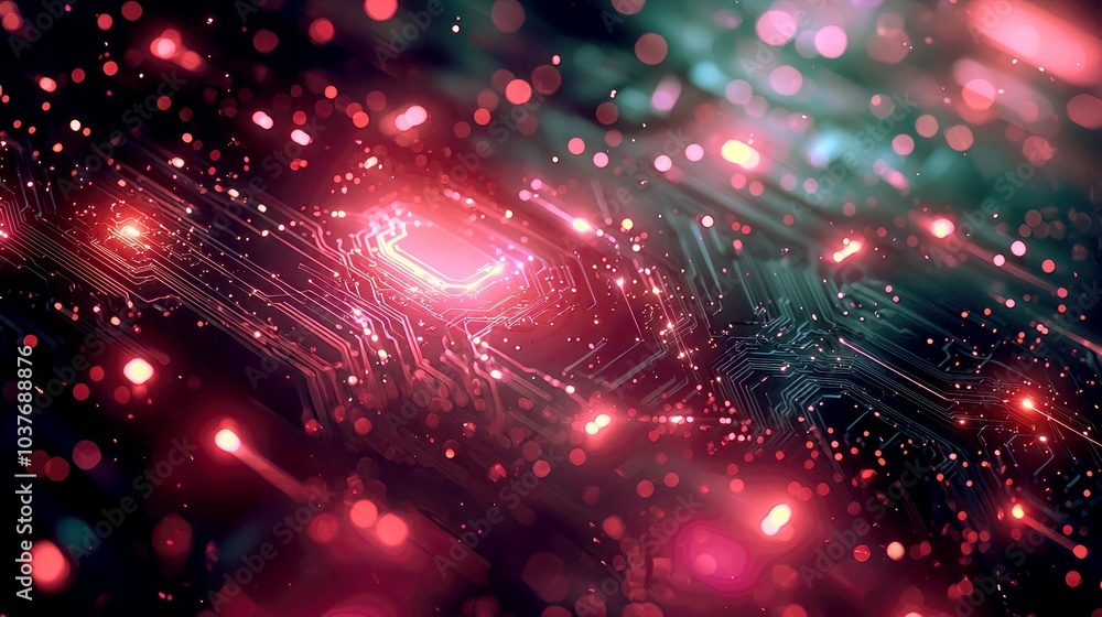 Poster abstract glowing circuit board with red and blue lights.