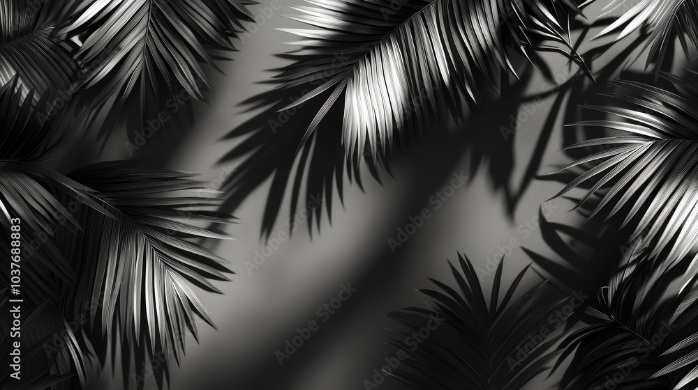 Poster 3d rendering of a monotone background wall featuring shadows of palm tree leaves