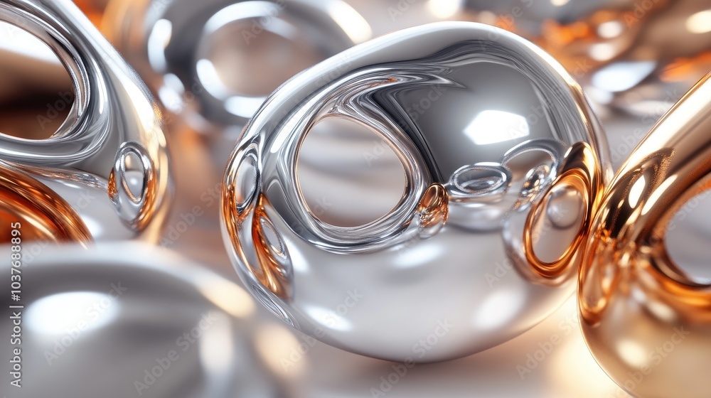 Poster glossy metallic shapes arranged in a circular formation 3d rendering