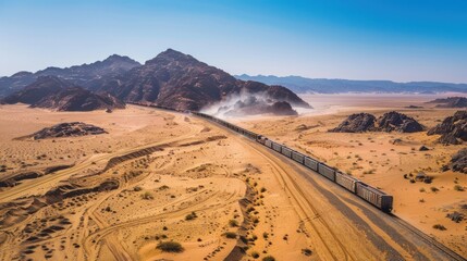 Fototapeta premium A train with sleek carriages speeds across the vast desert, its wheels kicking up dust. The sun beats down, casting long shadows as the train moves swiftly through the arid, golden landscape.