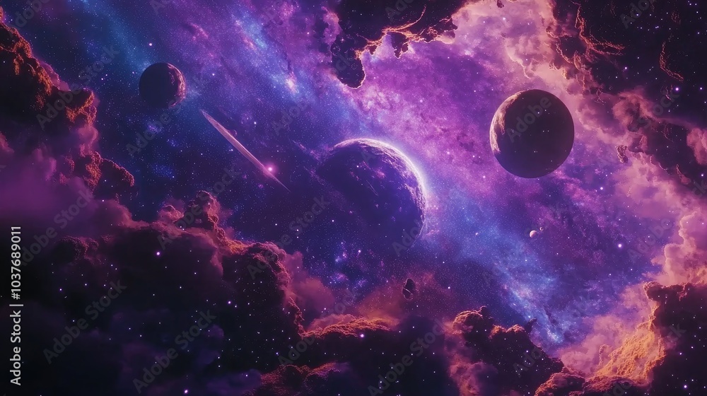 Wall mural outer space in a 3d cartoon rendering showcasing a science fiction cosmos