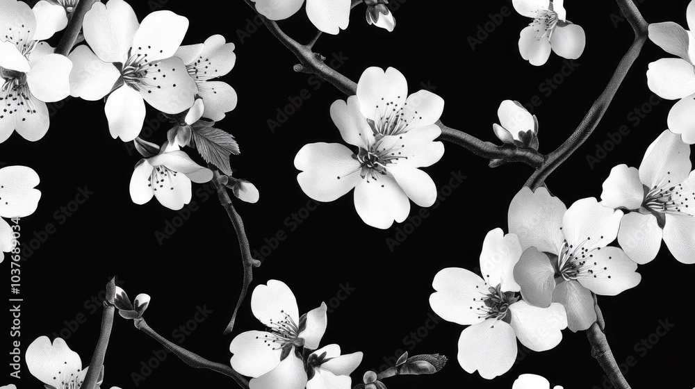 Poster botanical black and white seamless pattern featuring a sakura cherry branch designed for textile use