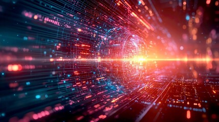 Fototapeta premium Abstract glowing digital tunnel with a glowing sphere in the middle.