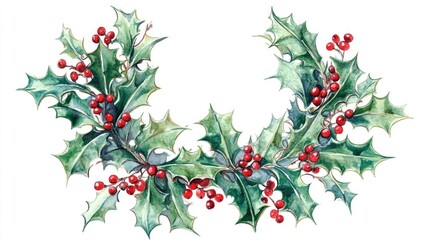 Fototapeta premium Christmas wreath featuring holly leaves and red berries watercolor illustration