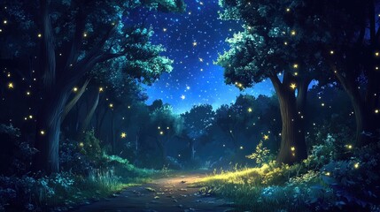 A tranquil night illuminated by the dance of stars and the rustle of the forest in a 3D cartoon rendering
