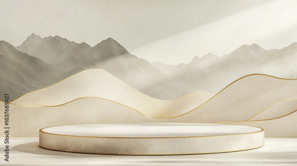 Poster podium display featuring mountains and golden lines empty cream stone platform with pedestal in beau