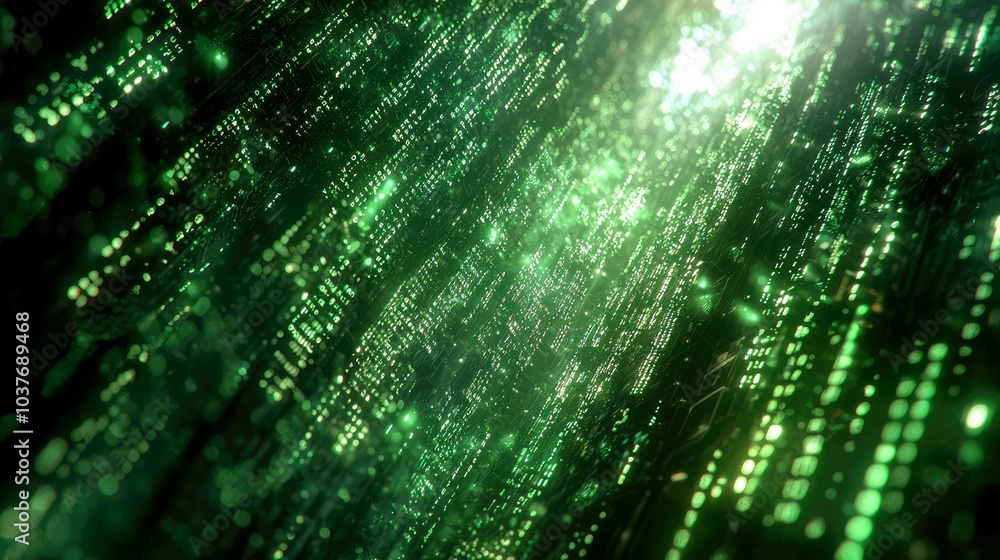 Poster abstract green digital data flow background with glowing light.