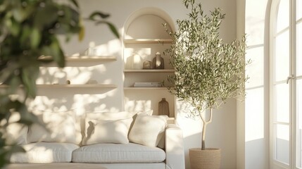 Fototapeta premium 3D rendering of a bright living room featuring a sofa olive tree and shelving units