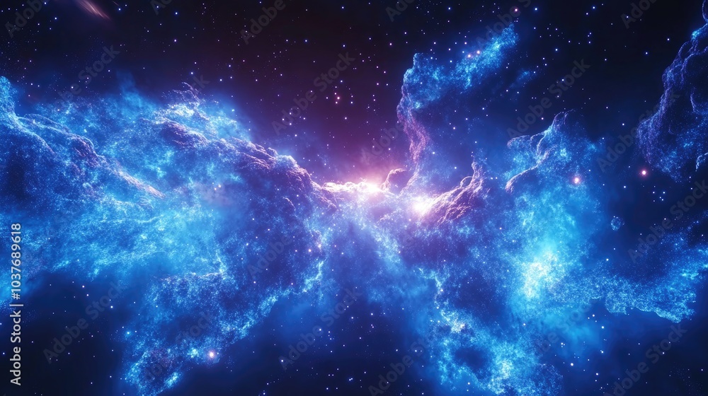 Poster blue glowing high energy plasma field in space 3d cartoon rendering computer generated abstract back