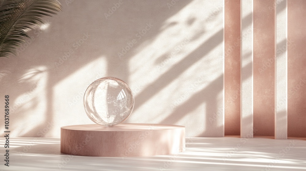 Poster 3d rendering of an abstract peach beige backdrop illuminated by sunlight rays a contemporary minimal