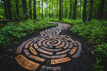 Wooden Pathway in a Lush Forest with Circular Design