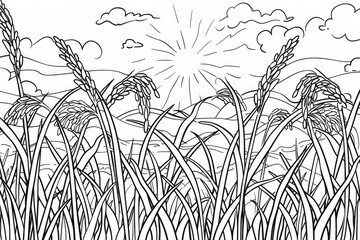 Coloring book illustration of rice ears maturing under the warm sun