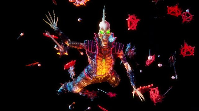 Punk Skeleton VJ Loop &ndash; stylized punk rock skeleton with spiky bones on the head and punkish outfit moving on the beat in seamless loop. Use it in your next VJ thematic sets, metal and gothic festival